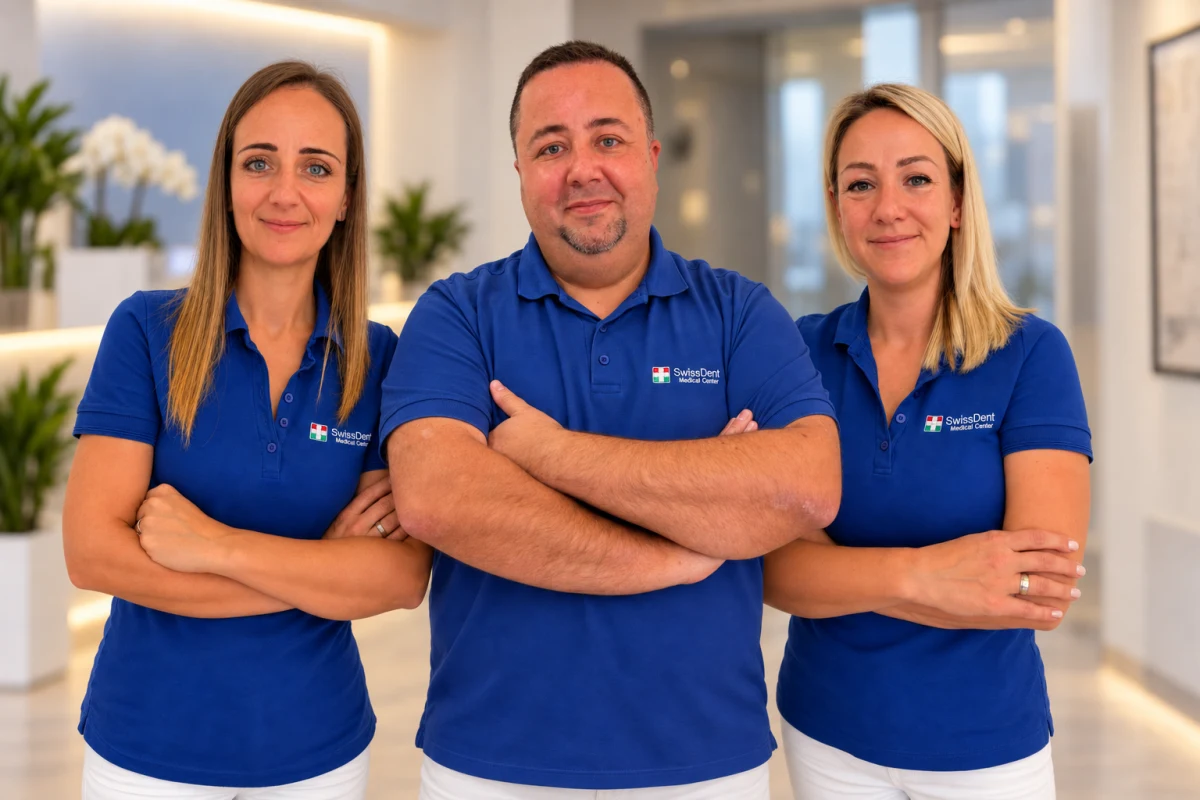 Das Team des SwissDent Medical Center: Dr. Sebestyén-Teleki István und zwei Mitarbeiterinnen